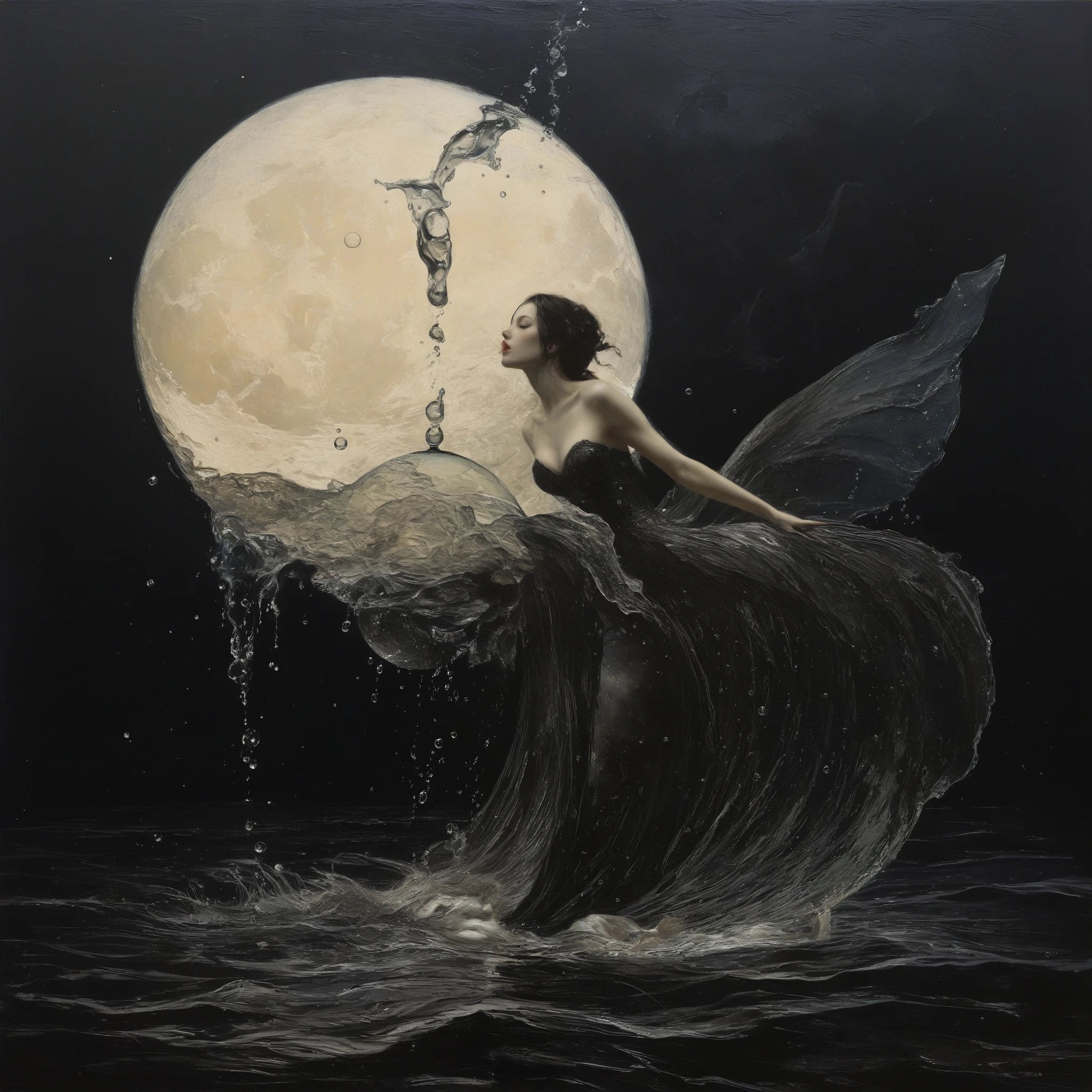 James Gurney, Surrealist art , dream-like, mysterious, Provocative, symbolic, Complex, detailed,, (Gothic but very beautiful:1.4), (masterpiece, Highest quality:1.4) , Nicola Samori Style, The moon kissed the mermaid , Water bubbles
