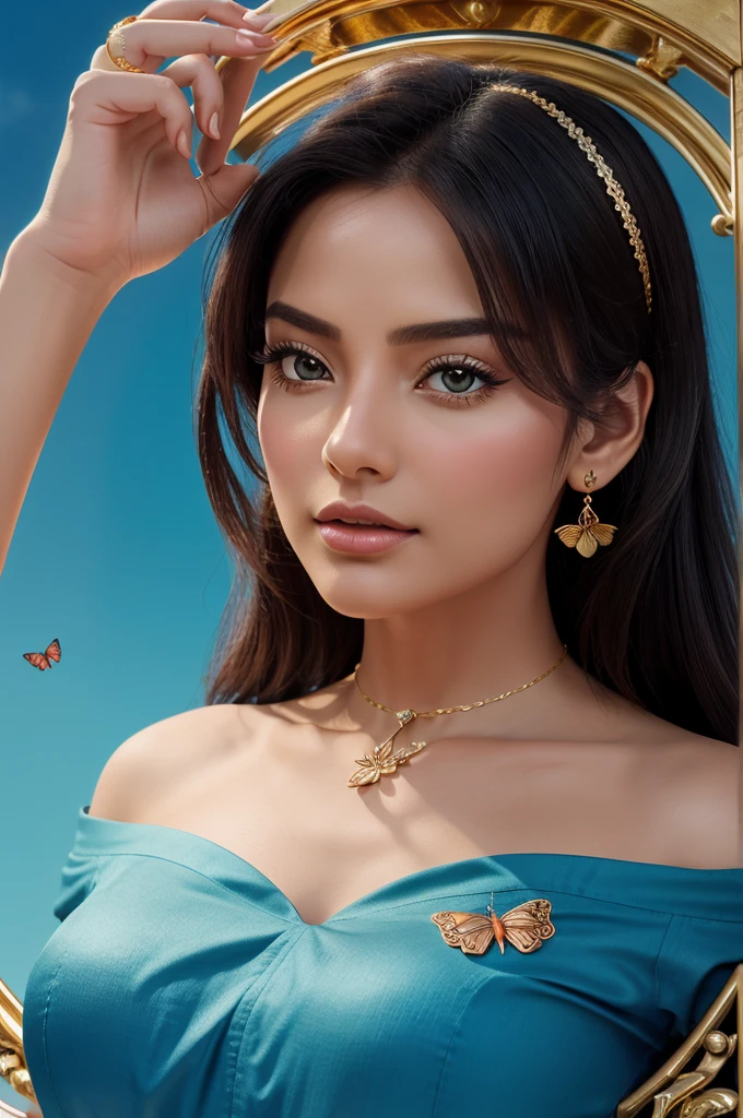 A mesmerizing 3D render of a sophisticated logo design, featuring two charming red butterflies adorned with a delicate ring, gracefully curved in a harmonious pure sky blue background. The name "Basu" is elegantly written in gold embossed script beneath the floral focal point. This captivating design blends modern and classic elements, exuding timeless charm and cinematic elegance. The enchanting, dreamlike atmosphere is achieved through high-quality cinematic style,