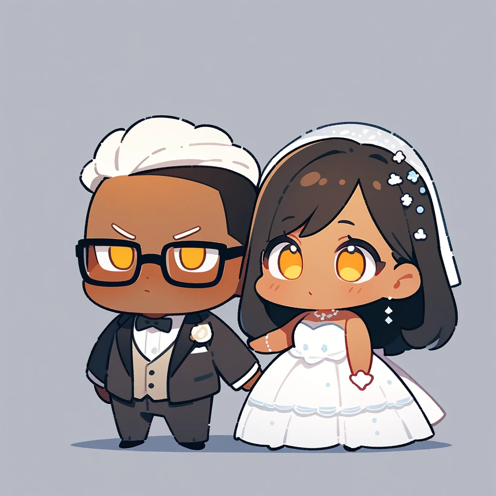 chibi style,Lovely,masterpiece, best quality, 8k, Couple(One man and one woman),man(Brown skin,Indian)Suit,woman(Black Hair,Yellow skin,wear glasses)Wedding dress,Clean background