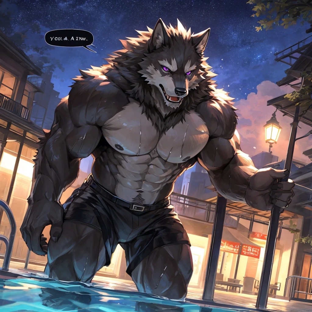 masterpiece,high quality,anime, Super detailed, Camera angle from below
, tear one apart'along with the clothes of'hand of
, 毛むくじゃらの雄の黒Wolf, Wolf, great physique,Powerful Weapons, manly
, topless
, ((Excessive sweating))
, fine grain, (Super detailed eyes:1.4), Purple Eyes
, (Speech bubble:1.1)
, Poolside, Night Sky, null-ghostより,Pino Daeni, Street lights