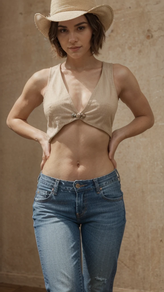 woman with short hair, just wearing mini cowboy vest and cowboy hat and show off her stomach and wearing mini jeans