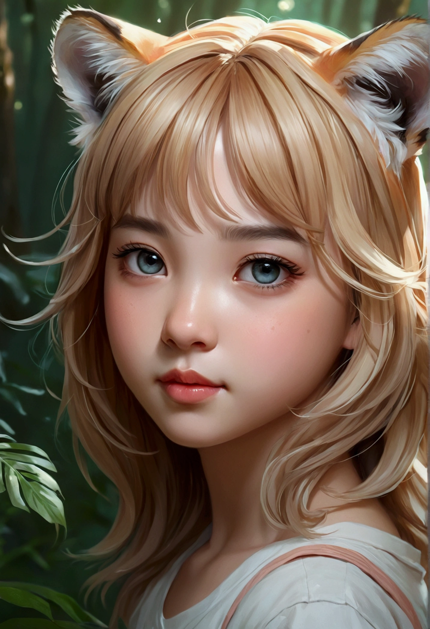 Beautiful with dreamy eyes, Tiger or Tiger, Cute Girls, Volumetric Light, Ultra-realistic, Intricate details, shape, Painting, watercolor, Cute Chibi, in the forest, ah!, Shallow depth of field, Pastel Color Palette, Soft lighting, Minimum, Modern, Digital Painting, Lois Van Belle、Ross Tran、Art by artgerm, Artstation HQのトレンド, Very detailed，