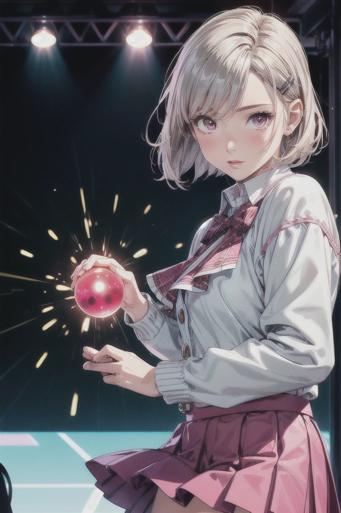 (Highest quality,High resolution:1.2),Very detailed,(Realistic:1.37),Silver blonde hair,Bob Haircut,Short Hairstyles,Hair tied in a bun with a hair clip,Pink Eyes,Blake Blue Skirt,Pleated skirt,,Pink Skirt,Looking at the audience,refresh,figure,Anime Style,Soft lighting,Vibrant colors,Playful expressions,Bright atmosphere