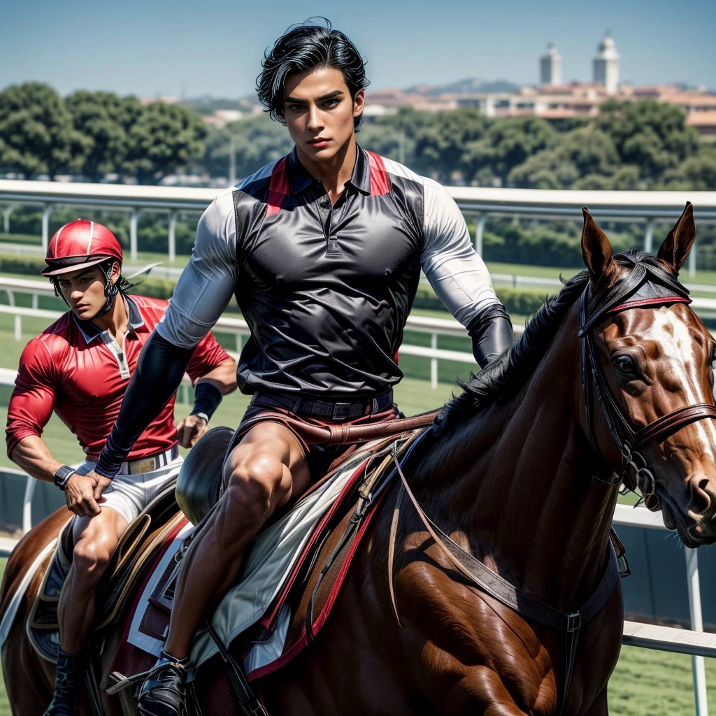 One man that is a muscular, attractive, black hair with somewhat tan skin, brown eyes, sharp jawline, thick eyebrows, racing silks outfit with bright and colorful colors inspired by polo men. Horse race track in the background With people riding horses.