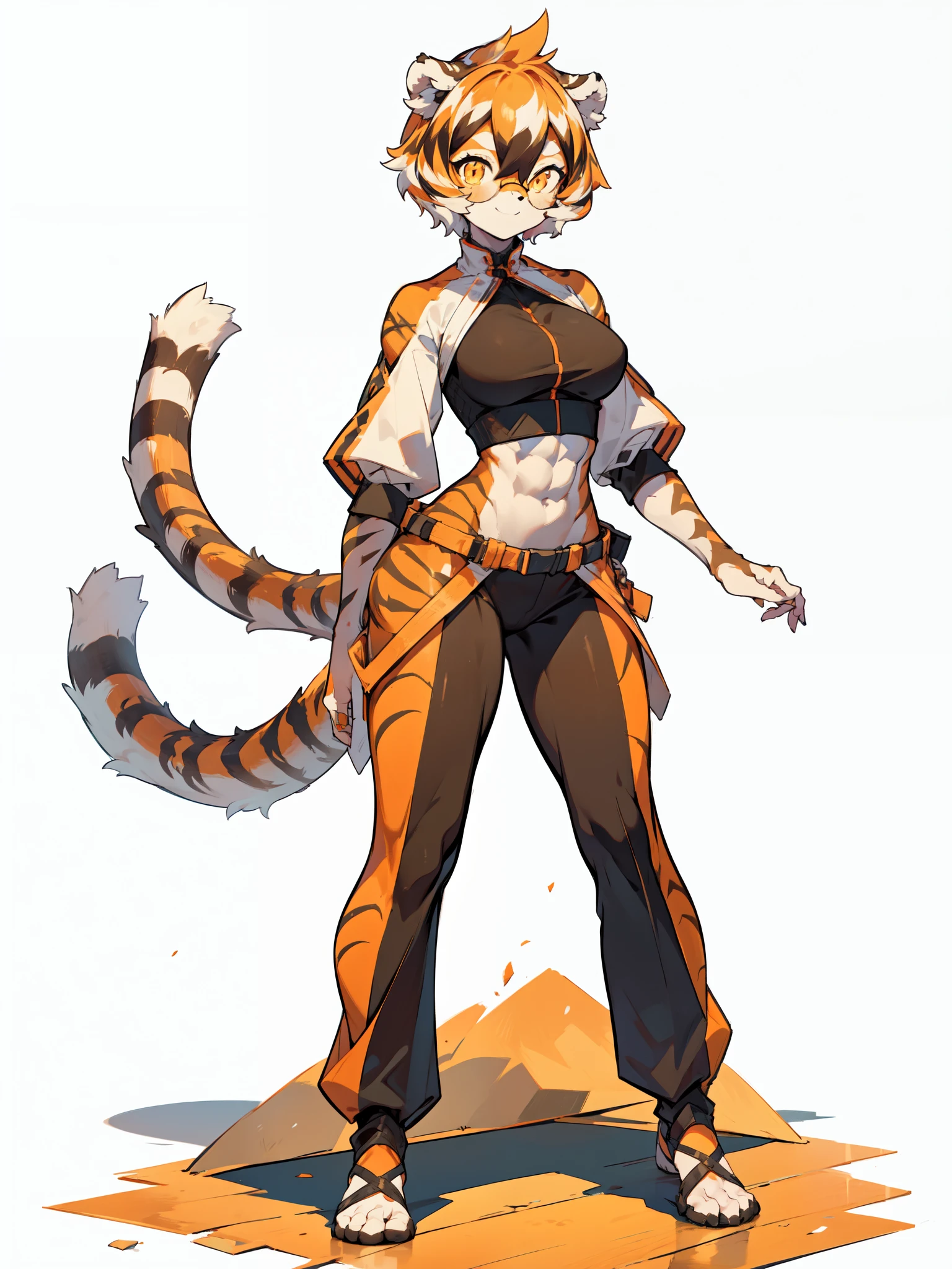 white background, full body,1girl，solo, Standing, animal ears, white hair, black hair, short hair, large breasts, Abdominal muscles,, tail, orange eyes, orange hair, multicolored hair, tiger girl, hair between eyes, tiger_ears, tiger_tail, orange-tinted_eyewear, tinted_eyewear, big breasts, evil smile, Shadows under feet,  (((nake outfit:1.2))),