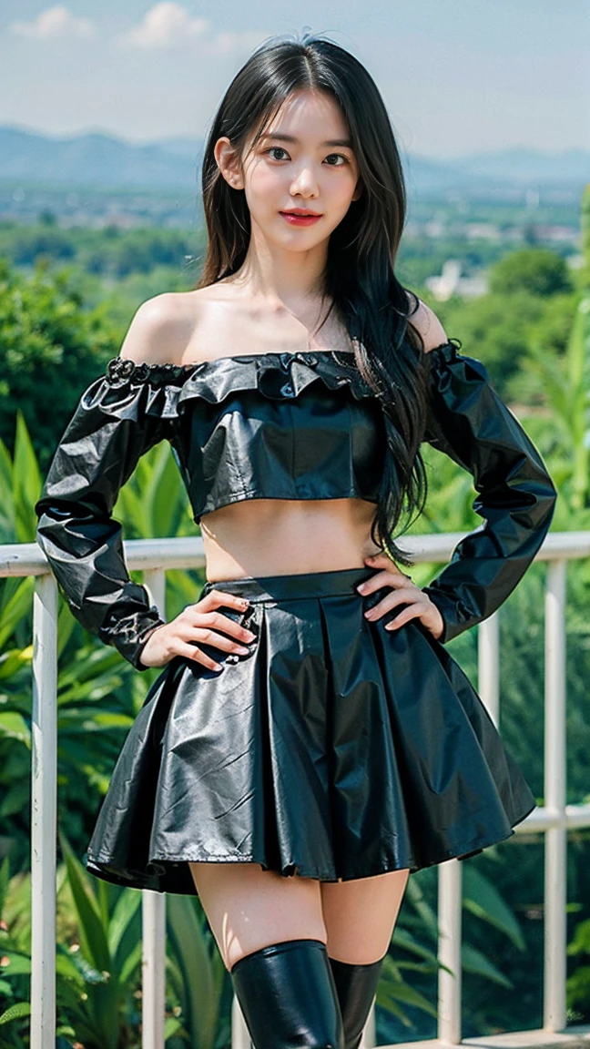(8k、RAW Photos、Highest quality、masterpiece:1.2)、(Highest quality、Realistic)、1 Girl、((Frills、Tube top、mini skirt、leather、Off the shoulder、Idol Costume、ribbon、See-through、Thin legs、whole body、boots、garden、View from the front、Looking into the camera、Stand with hands on hips))、cute