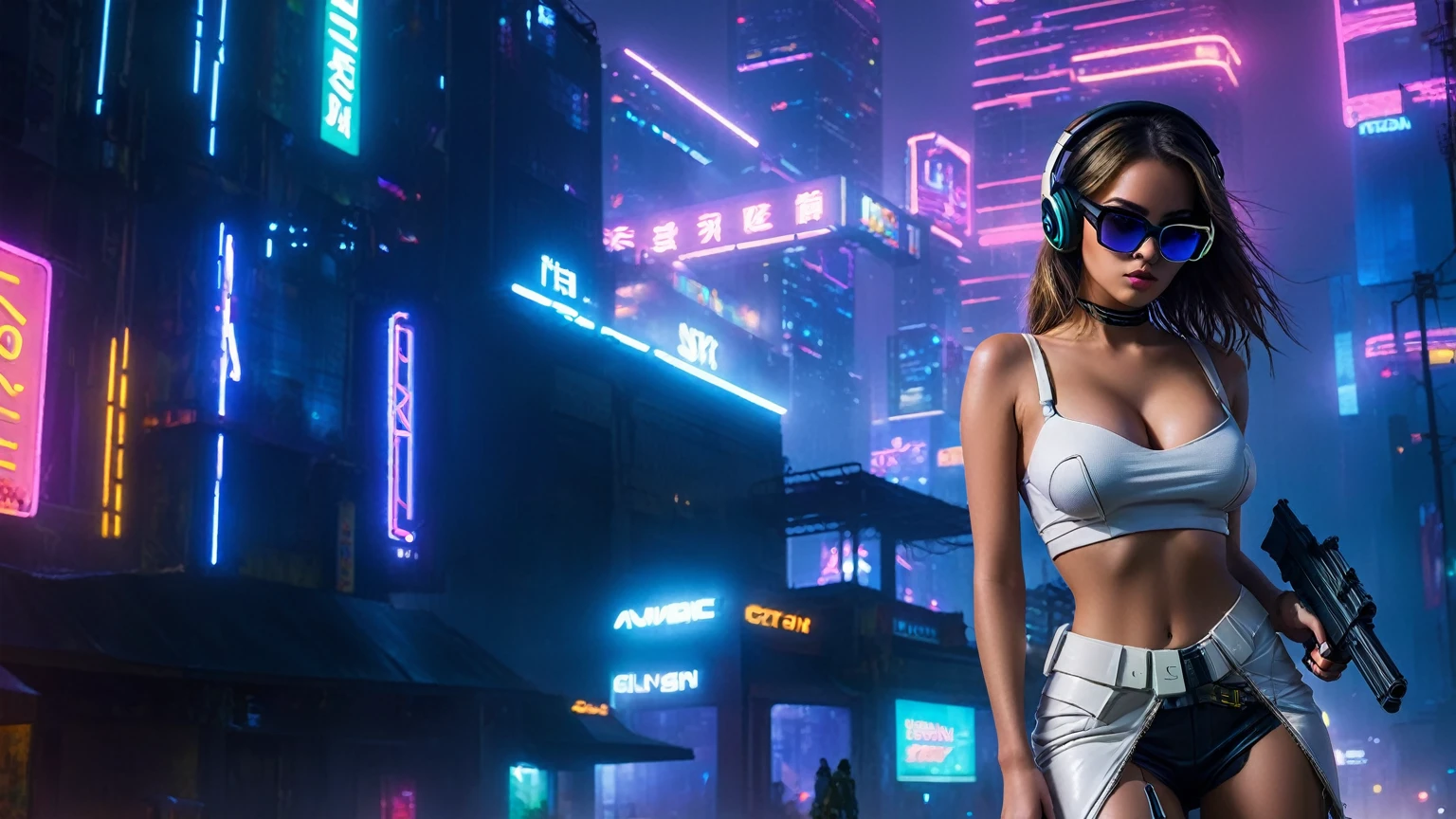 dark futuristic landscape, at night, neon lights, Atmospheric fog, large buildings in the background, futuristic city, streets with open shops, skyscraper (postapocalyptic city:1.3). (((1girl, solo, alone))), large-breast:1.2 slim body, cleavage:1.1, sexy miniskirt, (((headphone, black sunglasses, standing and holding pistol pose))), (((half-body thigh level medium shot))), cinematic lighting, lens flare, ray tracing.