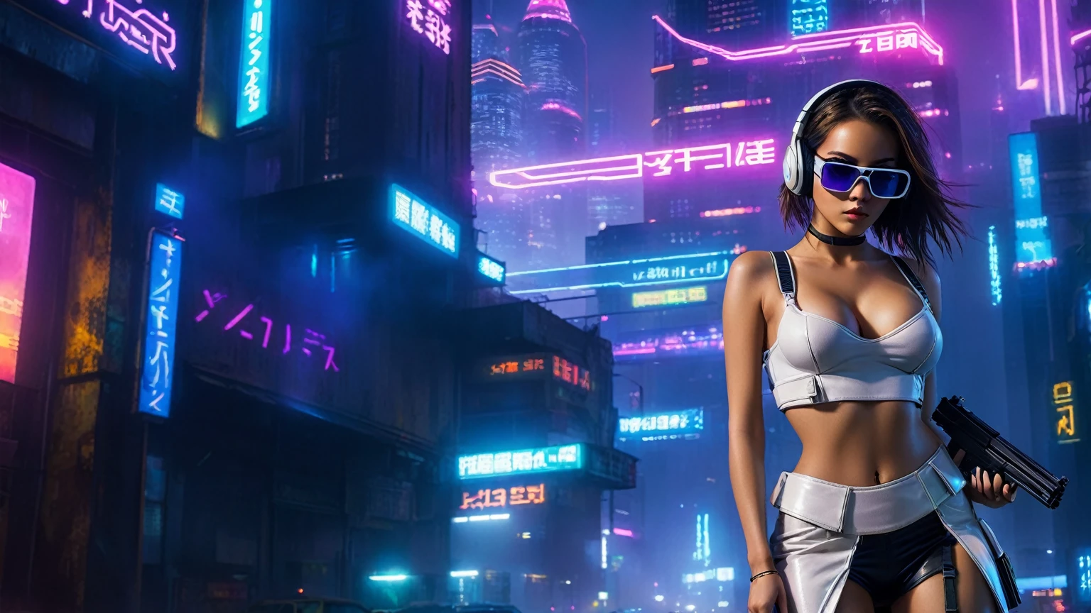 dark futuristic landscape, at night, neon lights, Atmospheric fog, large buildings in the background, futuristic city, streets with open shops, skyscraper (postapocalyptic city:1.3). (((1girl, solo, alone))), large-breast:1.2 slim body, cleavage:1.1, sexy miniskirt, (((headphone, black sunglasses, standing and holding pistol pose))), (((half-body thigh level medium shot))), cinematic lighting, lens flare, ray tracing.
