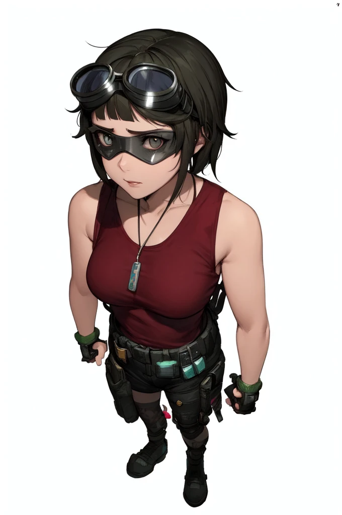 a cartoon of a girl with goggles and a red shirt, female lead character, shadowrun character art, a character based on a haggis, video game character, detailed character art, rpg character, videogame character, video game character design, full body character, full body character portrait, female protagonist, game character, highly detailed character design