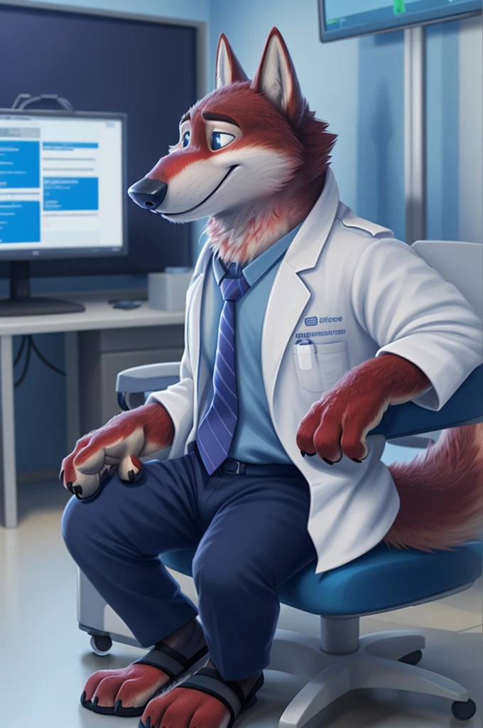 Joachim Wolfbach (Zootopia),tall handsome, wolf,young, 24 years, brown fur,(red body:1.3),Blue eyes, Moscow Dressed, red headdress,in a white medical gown,shirt pants,Sandals,tie,black pantsblue, stethoscope, pediatrician,canine, wolf, detailed fur, Male, antro, paw pads, finger claws,Prays, at viewer, 5 fingers, paws, 5 fingers, smile, happy, resting, wrist watch,stethoscope,looks at the monitors, т nextel, sitting at home in the medical intensive care unit,by xenoforge, (difficult, high detail, digital, photo, soft focus, RAW, pilot by training,ulba,tender, very kind, sincere, advises, patient, детский pediatrician,holding a wolf cub, 
photorealism, realistic, photorealistic, analog style, subsurface scattering, 
masterpiece, Best quality, ultra realistic, 8 K)