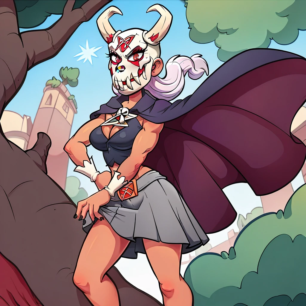 A woman with long, dark skin, pointy black nails. She wears a horse skull with bull horns as a mask, and a purple cape with gray and black adornments. The cape is like a cloak, covering the back and right and left sides of the body. He also wears a dark gray cloth skirt with 6 purple polka dots.., covering the entire hip. Your torso is exposed, revealing a muscular body. His chest is covered in a dark gray cloth with a magical rune printed on it.. She is elegantly sitting on the roots of a tree, looking at her hand. In her hand, a transparent white magic pentagram is floating.