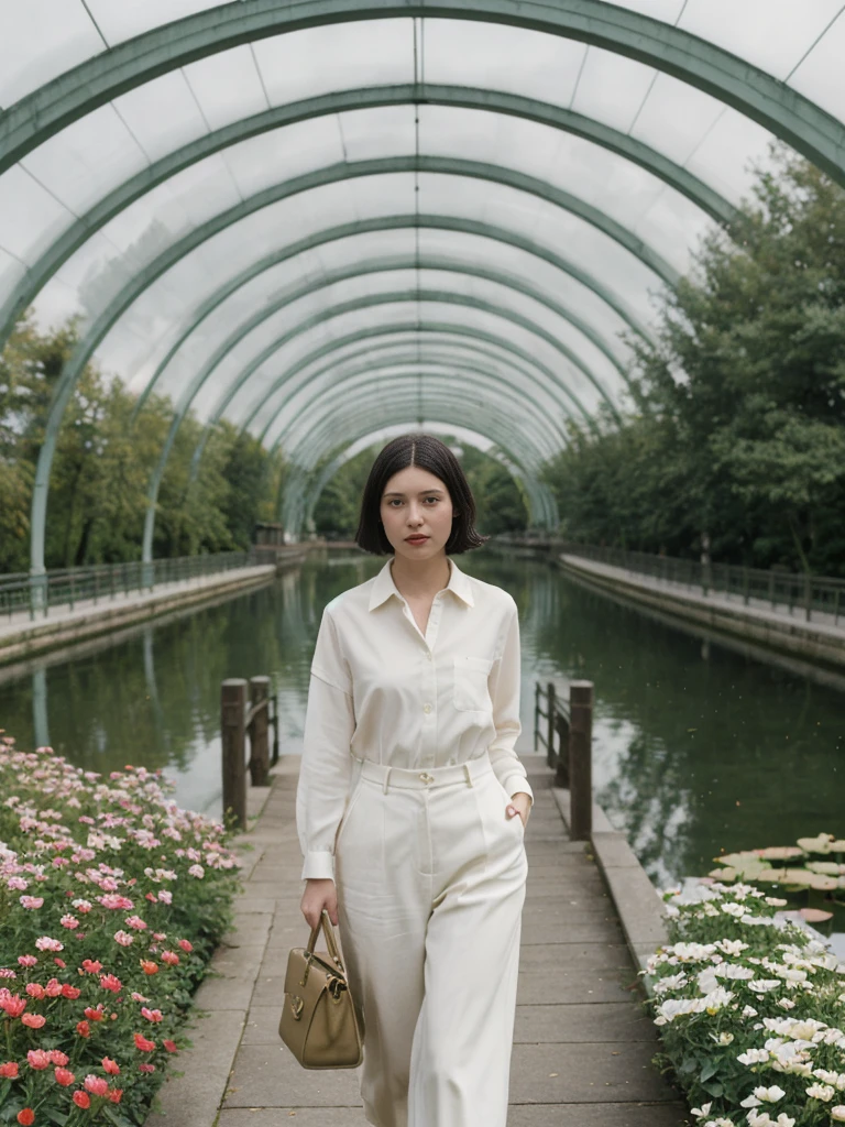 her name is Amelie, high quality, 1girl, ((25-year-old fit Caucasian woman)), ((25 years old)), ((SLIM)), ((Micro Bob dark hair)), pose: standing, wearing Popular Generation-Z modern wear elegant colored, BACKGROUND:  "Strolling through Monet's garden, with its famous water lily pond and Japanese bridge."