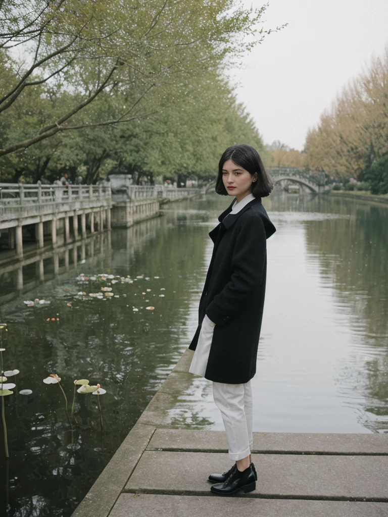 her name is Amelie, high quality, 1girl, ((25-year-old fit Caucasian woman)), ((25 years old)), ((SLIM)), ((Micro Bob dark hair)), pose: standing, wearing Popular Generation-Z modern wear elegant colored, BACKGROUND: "Strolling through Monet's garden, with its famous water lily pond and Japanese bridge."