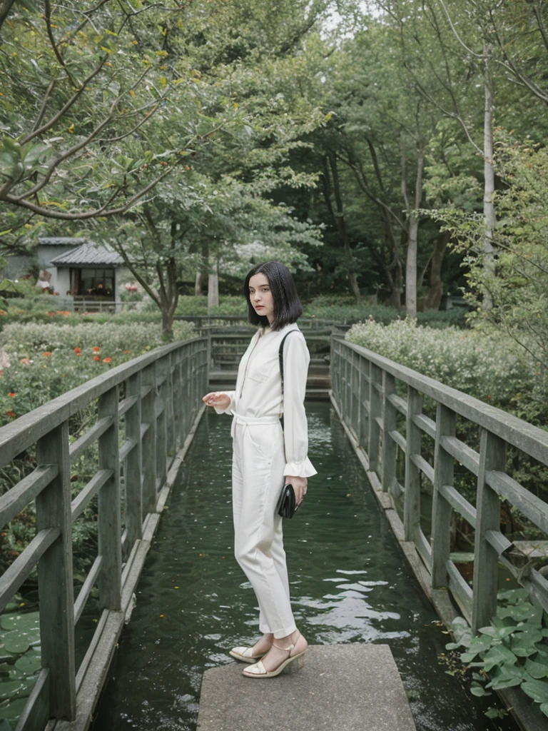 her name is Amelie, high quality, 1girl, ((25-year-old fit Caucasian woman)), ((25 years old)), ((SLIM)), ((Micro Bob dark hair)), pose: standing, wearing Popular Generation-Z modern wear elegant colored, BACKGROUND: "Strolling through Monet's garden, with its famous water lily pond and Japanese bridge."
