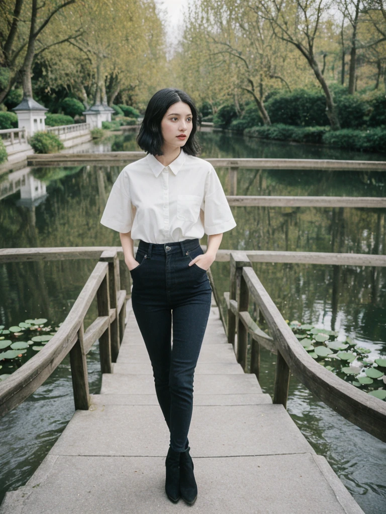 her name is Amelie, high quality, 1girl, ((25-year-old fit Caucasian woman)), ((25 years old)), ((SLIM)), ((Micro Bob dark hair)), pose: standing, wearing Popular Generation-Z modern wear elegant colored, BACKGROUND: "Strolling through Monet's garden, with its famous water lily pond and Japanese bridge."