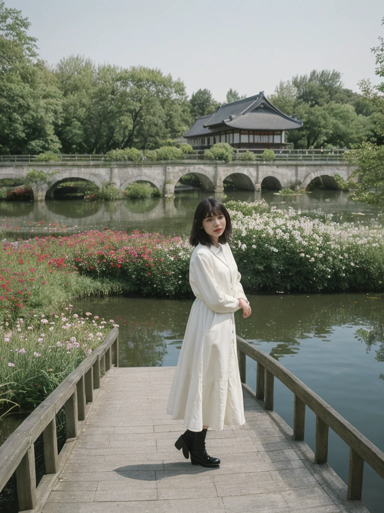 her name is Amelie, high quality, 1girl, ((25-year-old fit Caucasian woman)), ((25 years old)), ((SLIM)), ((Micro Bob dark hair)), pose: standing, wearing Popular Generation-Z modern wear elegant colored, BACKGROUND: "Strolling through Monet's garden, with its famous water lily pond and Japanese bridge."