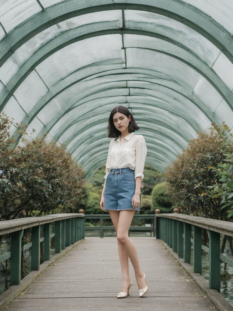 her name is Amelie, high quality, 1girl, ((25-year-old fit Caucasian woman)), ((25 years old)), ((SLIM)), ((Micro Bob dark hair)), pose: standing, wearing Popular Generation-Z modern wear elegant colored, BACKGROUND: "Strolling through Monet's garden, with its famous water lily pond and Japanese bridge."