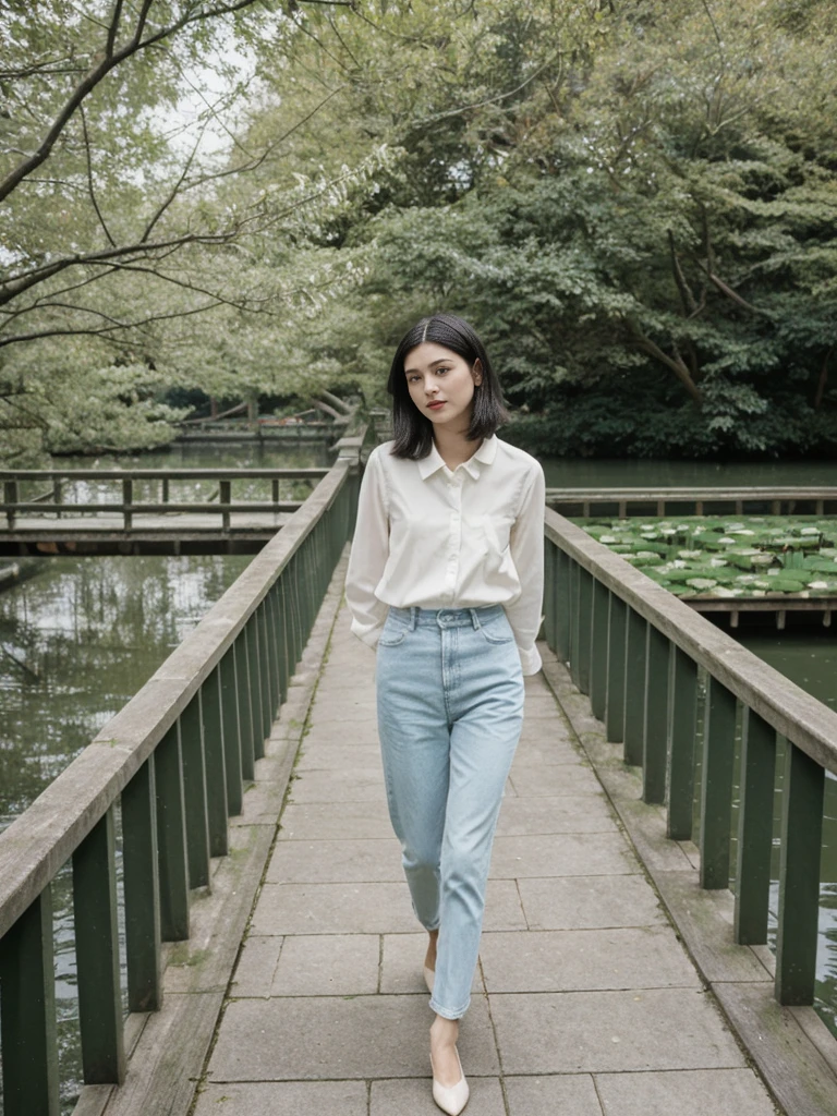 her name is Amelie, high quality, 1girl, ((25-year-old fit Caucasian woman)), ((25 years old)), ((SLIM)), ((Micro Bob dark hair)), pose: standing, wearing Popular Generation-Z modern wear elegant colored, BACKGROUND:  "Strolling through Monet's garden, with its famous water lily pond and Japanese bridge."