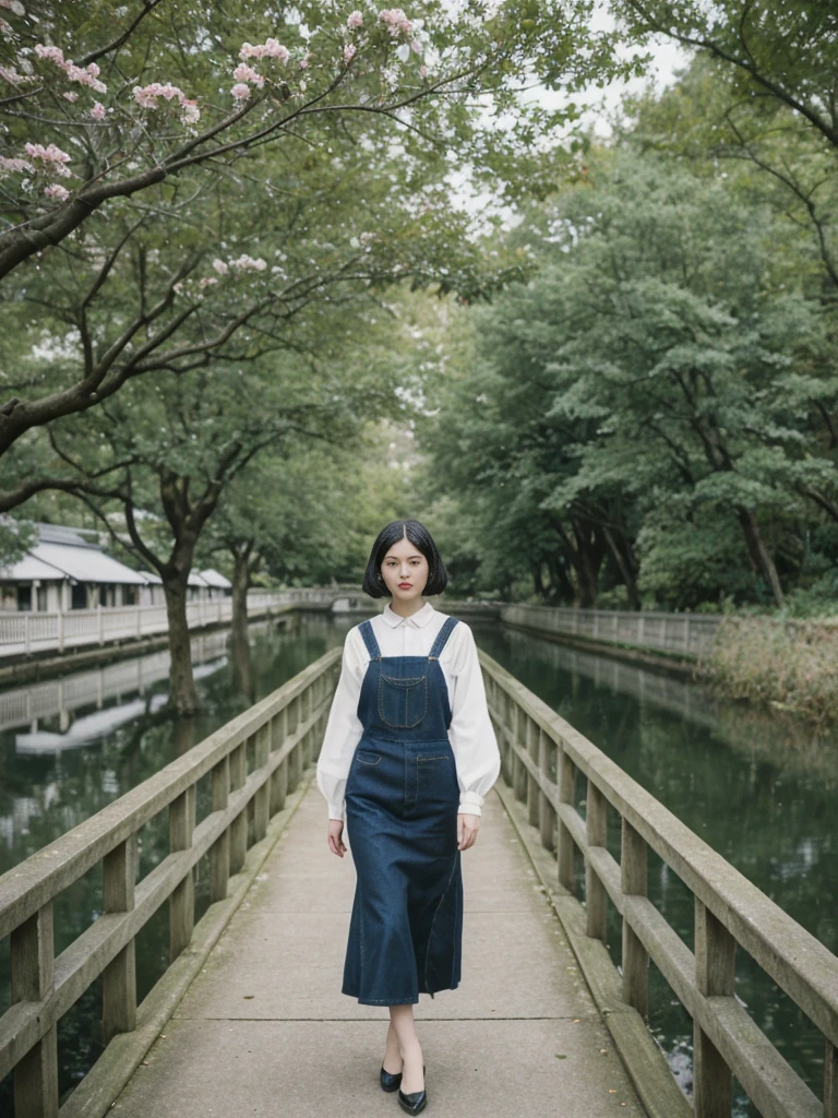 her name is Amelie, high quality, 1girl, ((25-year-old fit Caucasian woman)), ((25 years old)), ((SLIM)), ((Micro Bob dark hair)), pose: standing, wearing Popular Generation-Z modern wear elegant colored, BACKGROUND: "Strolling through Monet's garden, with its famous water lily pond and Japanese bridge."