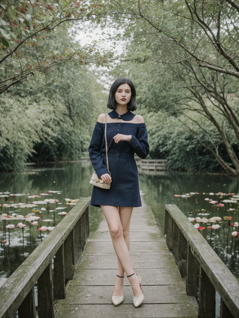 her name is Amelie, high quality, 1girl, ((25-year-old fit Caucasian woman)), ((25 years old)), ((SLIM)), ((Micro Bob dark hair)), pose: standing, wearing Popular Generation-Z modern wear elegant colored, BACKGROUND:  "Strolling through Monet's garden, with its famous water lily pond and Japanese bridge."