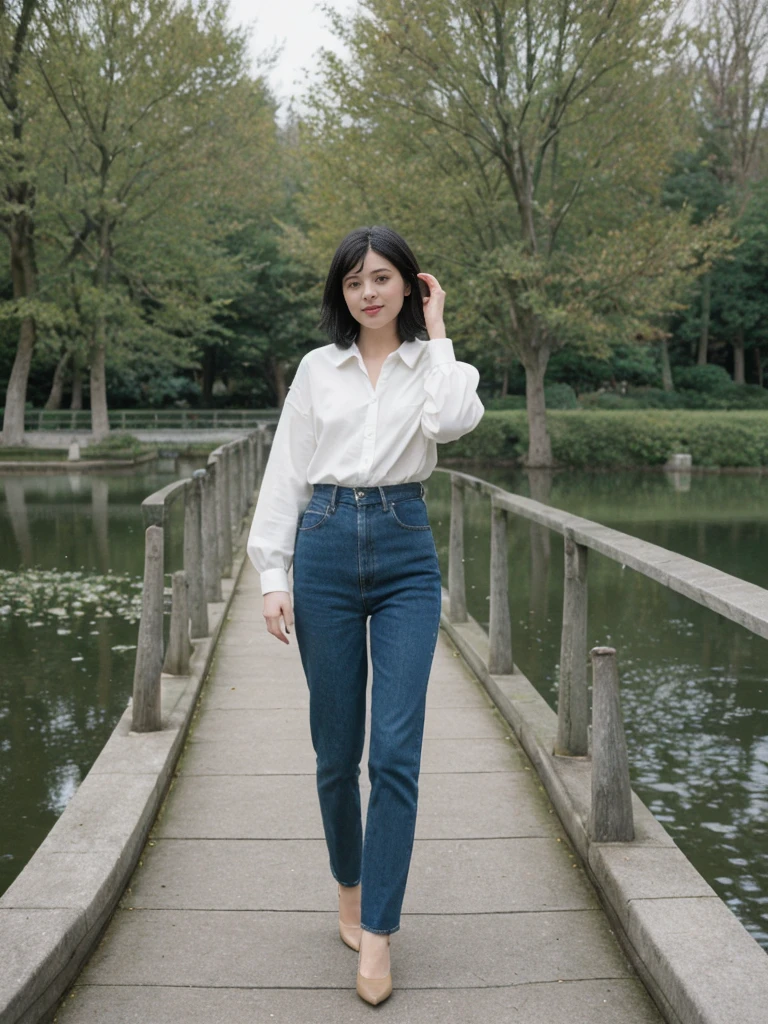 her name is Amelie, high quality, 1girl, ((25-year-old fit Caucasian woman)), ((25 years old)), ((SLIM)), ((Micro Bob dark hair)), pose: standing, wearing Popular Generation-Z modern wear elegant colored, BACKGROUND: "Strolling through Monet's garden, with its famous water lily pond and Japanese bridge."