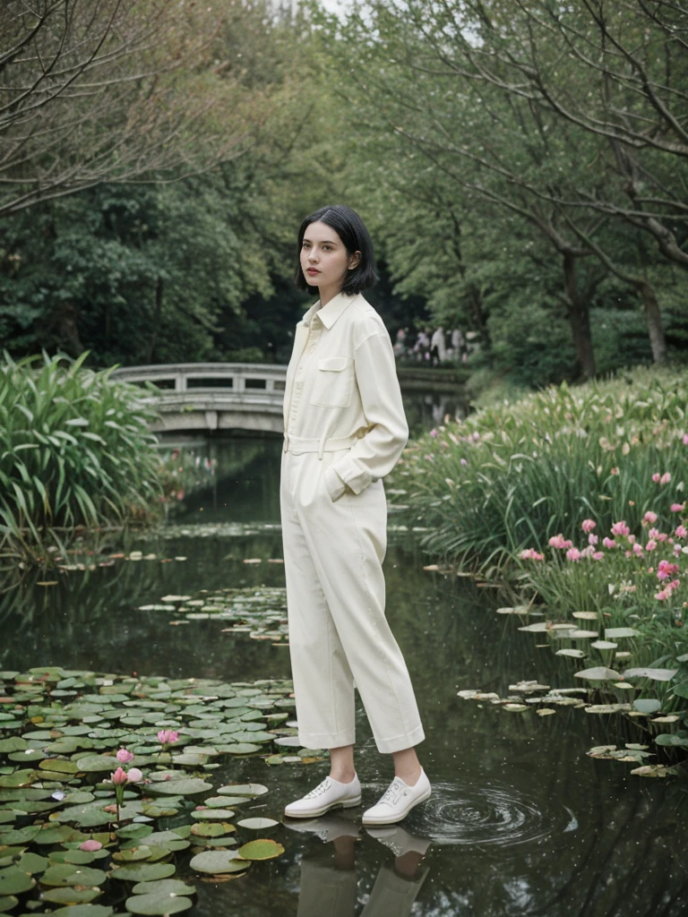 her name is Amelie, high quality, 1girl, ((25-year-old fit Caucasian woman)), ((25 years old)), ((SLIM)), ((Micro Bob dark hair)), pose: standing, wearing Popular Generation-Z modern wear elegant colored, BACKGROUND: "Strolling through Monet's garden, with its famous water lily pond and Japanese bridge."