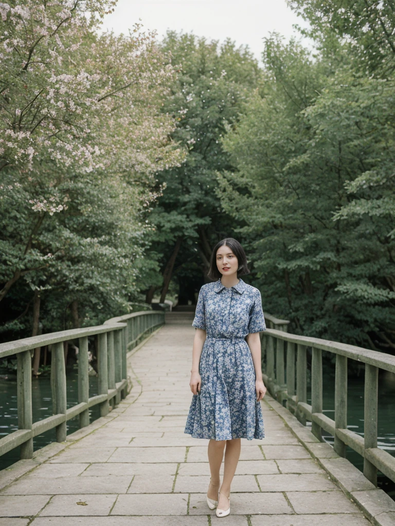 her name is Amelie, high quality, 1girl, ((25-year-old fit Caucasian woman)), ((25 years old)), ((SLIM)), ((Micro Bob dark hair)), pose: standing, wearing Popular Generation-Z modern wear elegant colored, BACKGROUND: "Strolling through Monet's garden, with its famous water lily pond and Japanese bridge."