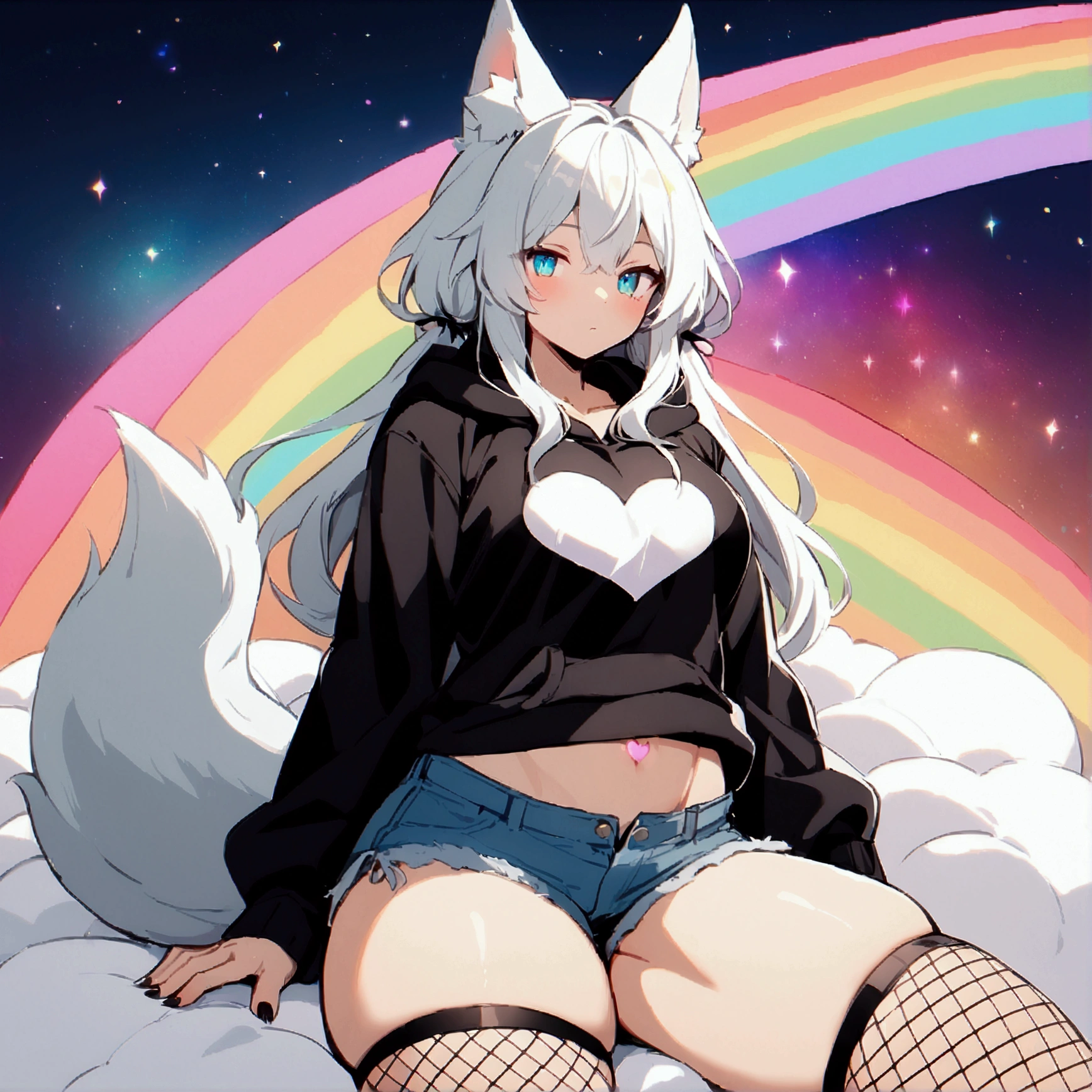 a cute adult male with wolf ears, long white hair, long locks, has a wolf tail, wearing a loose cropped black hoodie, wearing a pair of denim short shorts and fishnet stockings, thick thighs, wide hips, relaxing on mound of fluffy multi colored kawaii plushies, short, very slim, showing slender tummy, heart on hoodie, squishy thighs, has glowing blue eyes. alone, solo (ALONE)(SOLO), surrounded by rainbows, colorful galaxy backround,