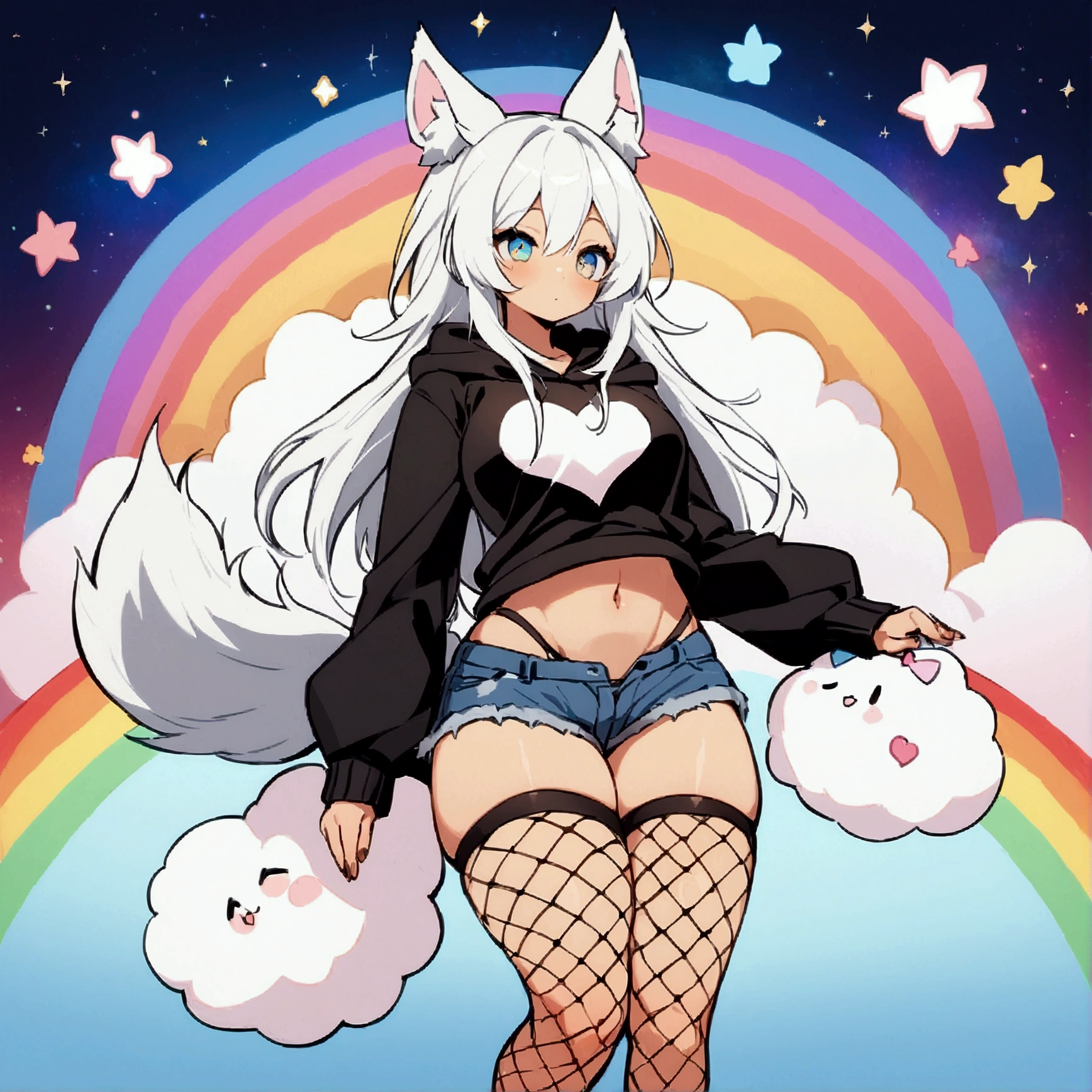 a cute adult male with wolf ears, long white hair, long locks, has a wolf tail, wearing a loose cropped black hoodie, wearing a pair of denim short shorts and fishnet stockings, thick thighs, wide hips, relaxing on mound of fluffy multi colored kawaii plushies, short, very slim, showing slender tummy, heart on hoodie, squishy thighs, has glowing blue eyes. alone, solo (ALONE)(SOLO), surrounded by rainbows, colorful galaxy backround,
