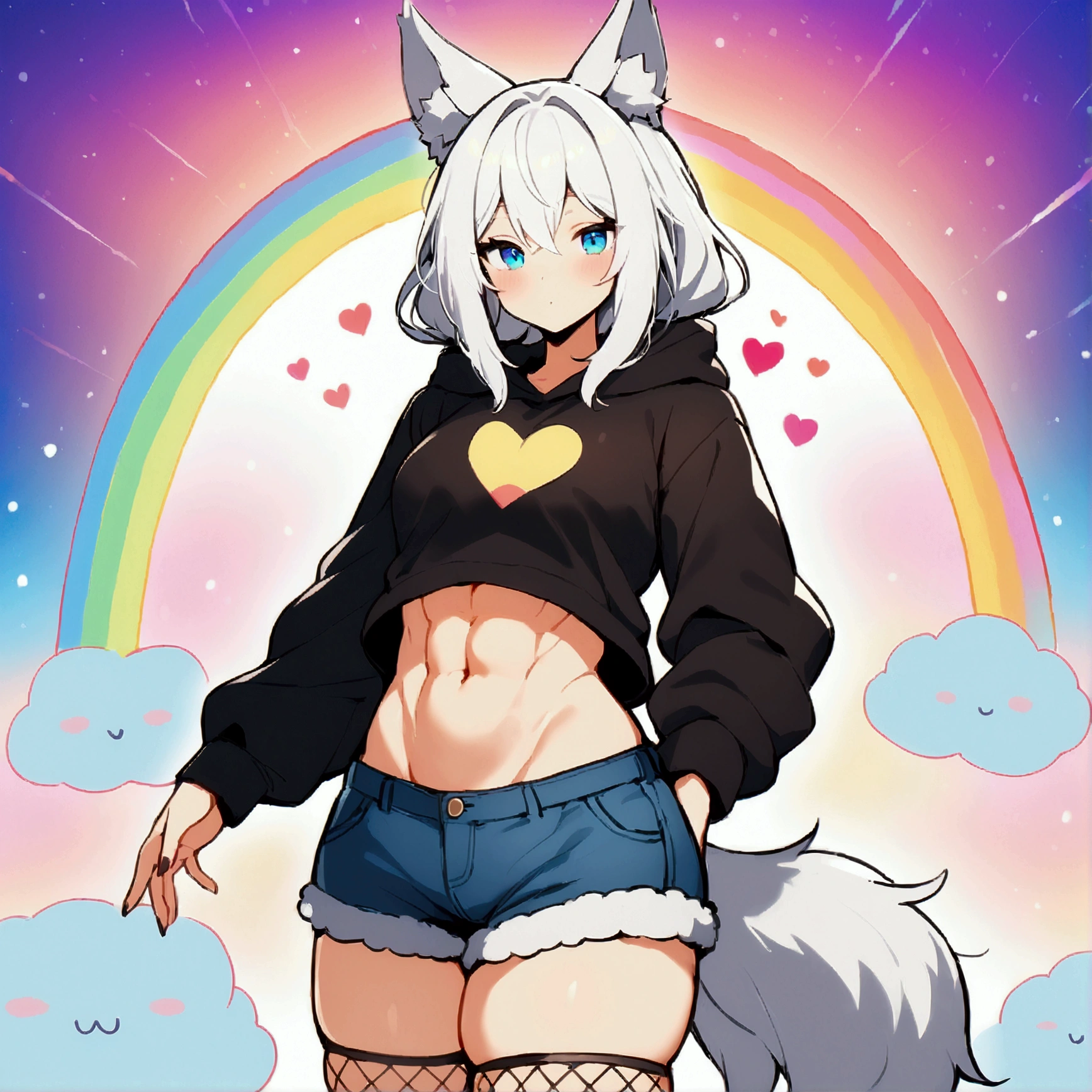 a cute adult male with wolf ears, long white hair, long locks, has a wolf tail, wearing a loose cropped black hoodie, wearing a pair of denim short shorts and fishnet stockings, thick thighs, wide hips, relaxing on mound of fluffy multi colored kawaii plushies, short, very slim, showing slender tummy, heart on hoodie, squishy thighs, has glowing blue eyes. alone, solo (ALONE)(SOLO), surrounded by rainbows, colorful galaxy backround,