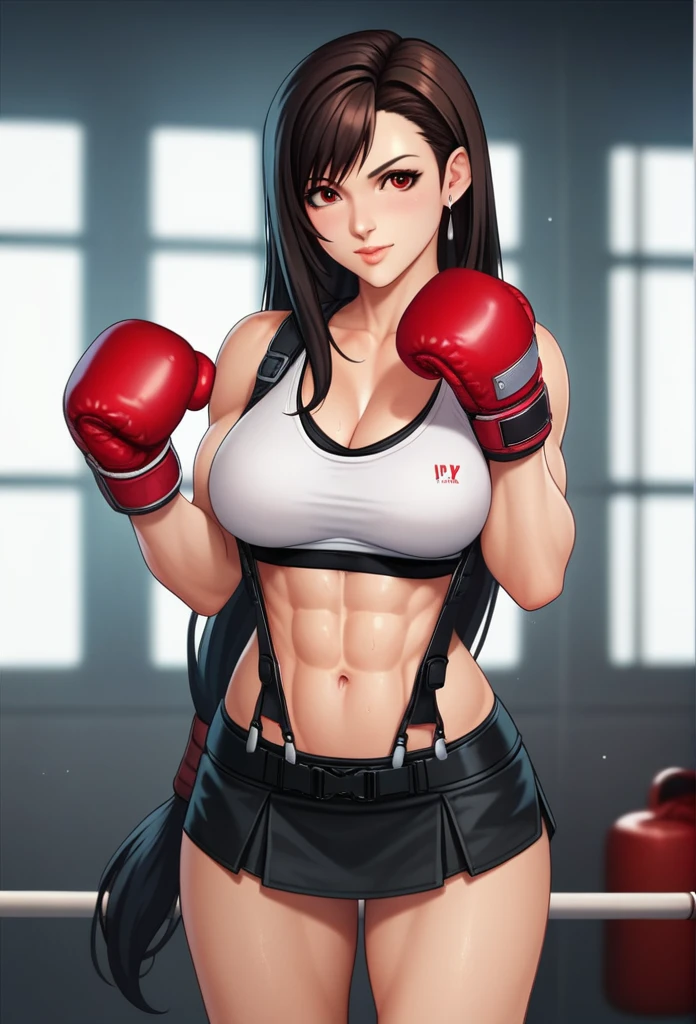 ff7r style, tifa lockhart, 1girl, sports bra, boxing gloves, toned