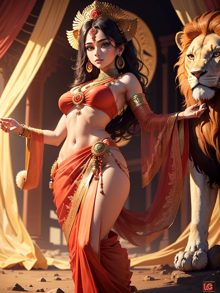 (Highly detailed), (Illustration), (Convoluted), (Beautiful face), (Attractive body), (Complete Body Picture), Modern Indian Goddess, (Transparent Red Sari), Dynamic Pose, God's Crown, (Lion Standing Nearby), Colorful, Eye-catching, Heavenly.