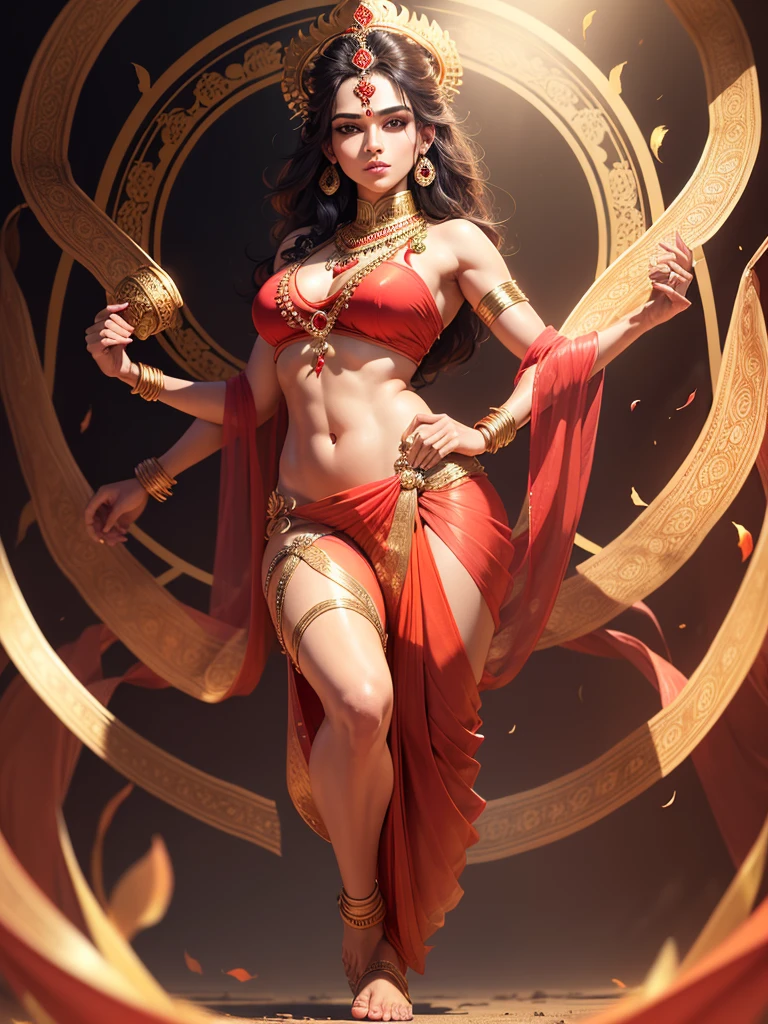 (Highly detailed), (Illustration), (Convoluted), (Beautiful face), (Attractive body), (Complete Body Picture), Modern Indian Goddess, (Transparent Red Sari), Dynamic Pose, God's Crown, (Lion Standing Nearby), Colorful, Eye-catching, Heavenly.