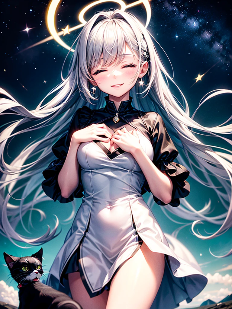 Highest Resolution,Highest quality,Beautiful girl with a smile and her eyes closed, with her hands on her chest,Night Sky,meteor,Starry Sky,In the sky1Illusion of a black and white cat with a halo,