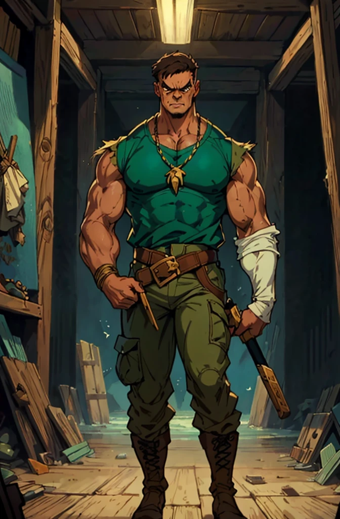(masterpiece:1.2, best quality, extremely delicate), a man with short brown hair, a short ponytail, brown skin, a handsome face, deep eyes, a wild smile, stubble on his chin, wears a necklace with fangs, a muscular build, a fantasy-reality style blue open short vest, sleeveless, a cloth band on his arm, a yellow belt, green cargo pants, stands on an endless coastline, this character embodies a finely crafted fantasy-reality style rogue in anime style, exquisite and mature manga art style, dramatic, high definition, highres, ultra-detailed, ultra-fine painting, professional, perfect body proportions, golden ratio, anatomically correct, symmetrical face, extremely detailed eyes and face, high quality eyes, creativity, RAW photo, UHD, 32k, Natural light, cinematic lighting, masterpiece-anatomy-perfect,((angry)),