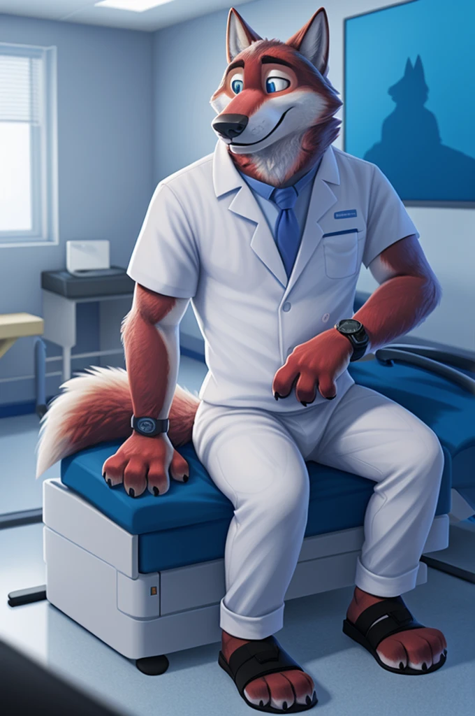 Joachim Wolfbach (Zootopia),tall handsome, wolf,young, 24 years, brown fur,(red body:1.3),Blue eyes, Moscow Dressed, red headdress,in a white medical gown,shirt pants,Sandals,tie,black pantsblue, stethoscope, pediatrician,canine, wolf, detailed fur, Male, antro, paw pads, finger claws,Prays, at viewer, 5 fingers, paws, 5 fingers, smile, happy, resting, wrist watch,stethoscope,looks at the monitors, т nextel, sitting at home in the medical intensive care unit,by xenoforge, (difficult, high detail, digital, photo, soft focus, RAW, pilot by training,ulba,tender, very kind, sincere, advises, patient, детский pediatrician,holding a wolf cub, 
photorealism, realistic, photorealistic, analog style, subsurface scattering, 
masterpiece, Best quality, ultra realistic, 8 K)