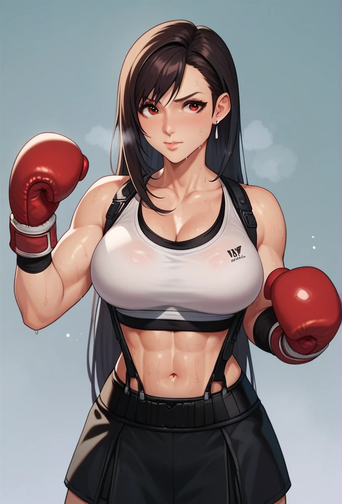 ff7r style, tifa lockhart, 1girl, sports bra, boxing gloves, sweating