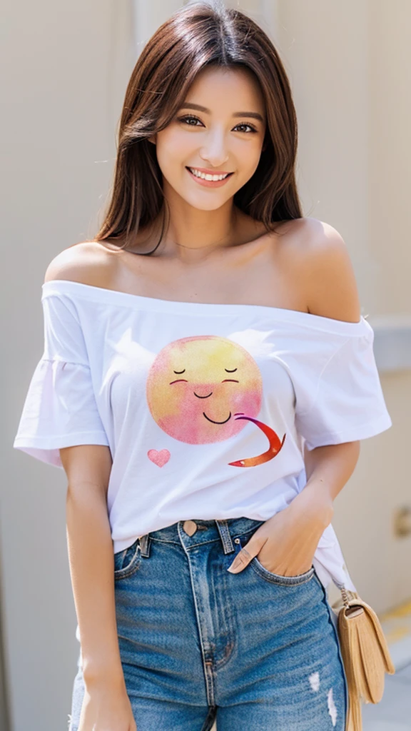 Redrawn Smile Off Shoulder T-Shirt