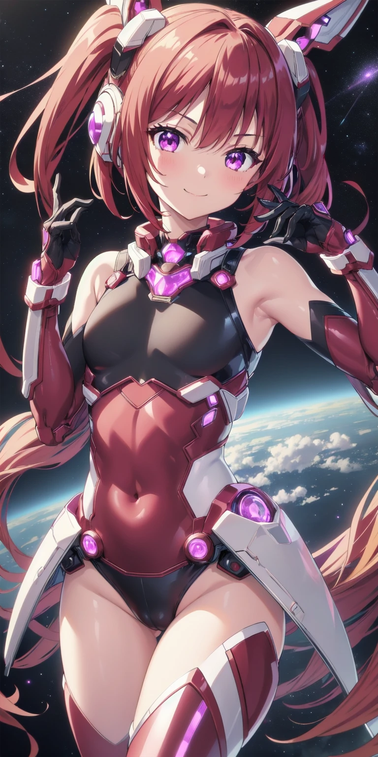 1girl, tailred, mecha musume, medium hair, red hair, headgear, perfect face, purple eyes, looking at viewer, cute, smile, closed mouth, flat chest, tail gear, shiny white latex leotard, shiny black latex top, shiny black panties, space in background, cowboy shot, scifi, masterpiece, high resolution, best quality,