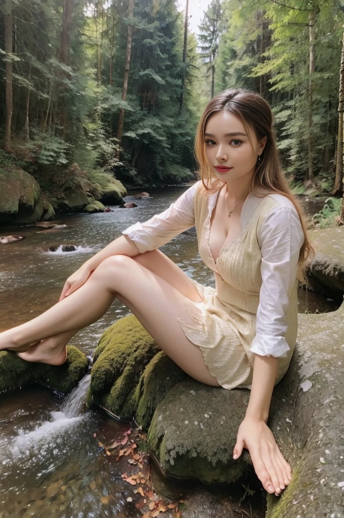 cute girl, brown hair, (full body), wearing medieval long cotton nightie clothes, sitting on a rock, feet in the water, Drenched hair, The background is a forest, sunset, (masterpiece, best quality, award winning, highres), skinny, intricate and beautiful design, highly detailed beautiful face, super detailed beautiful eyes, light smile, sitting near stream, forest, leaves flow, windy, sun lights through forest, fantasy art, dynamic lighting, cinematic lighting, hyper realistic, extremely CG detail, octane render, (artistic + masterpiece:1.4), (incredibly detailed eyes), (8k, Photorealistic, Photo RAW, Best quality: 1.4), (UHD), (Ultra high realism), (Ultra high definition), (Ultra high detail), (Realistic face), Beautiful hairstyle, Realistic bright amber eyes, Beautiful details, (Realistic skin), Pale, smooth and luminous skin with iridescent shine and no imperfections, Ultra high definition, Ultra realistic, Highly detailed, (Cleavage: 0.8)