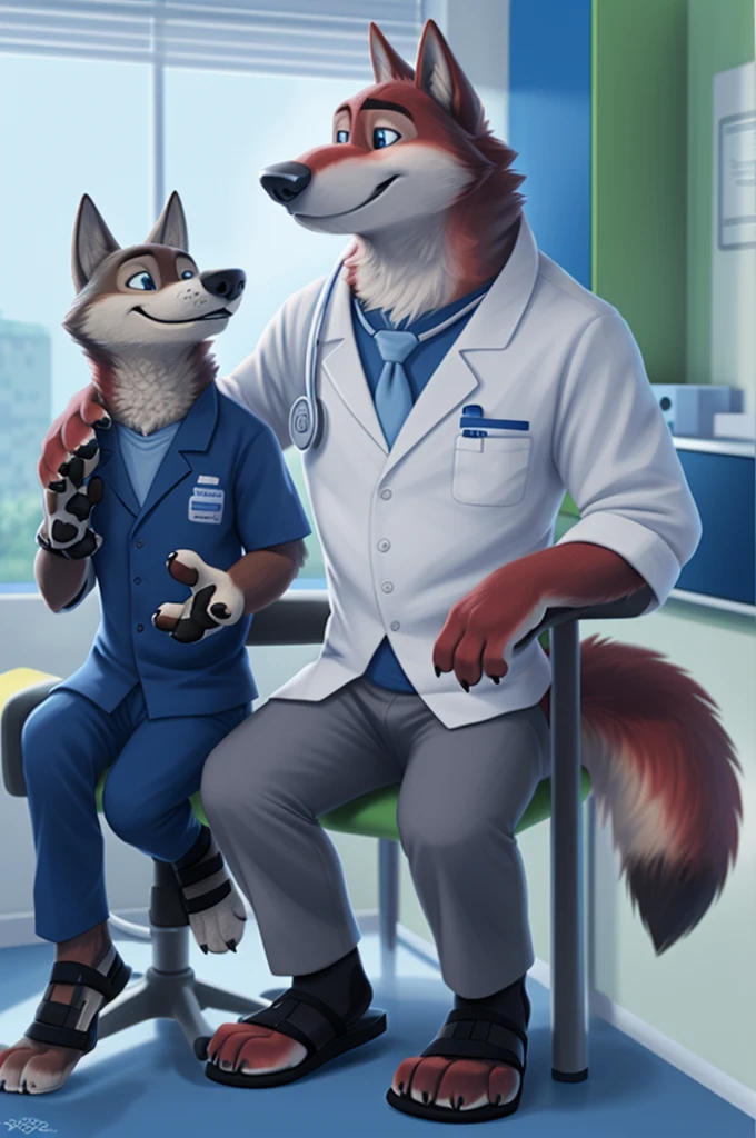 Joachim Wolfbach (Zootopia),tall handsome, wolf,young, 24 years, brown fur,(red body:1.3),Blue eyes, Moscow Dressed, red headdress,in a white medical gown,shirt pants,Sandals,tie,black pantsblue, stethoscope, pediatrician,canine, wolf, detailed fur, Male, antro, paw pads, finger claws,Prays, at viewer, 5 fingers, paws, 5 fingers, smile, happy, resting, wrist watch,stethoscope,looks at the monitors, т nextel, sitting at home in the medical intensive care unit,by xenoforge, (difficult, high detail, digital, photo, soft focus, RAW, pilot by training,ulba,tender, very kind, sincere, advises, patient, детский pediatrician,holding a wolf cub,
photorealism, realistic, photorealistic, analog style, subsurface scattering,
masterpiece, Best quality, ultra realistic, 8 K)