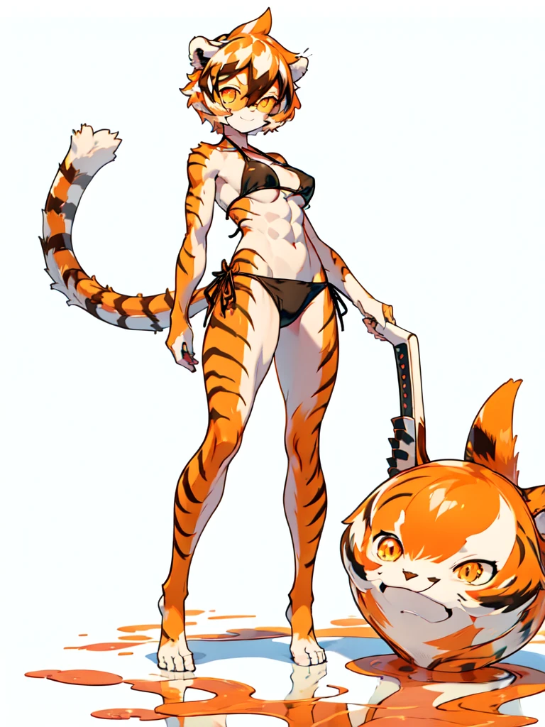 white background, full body,1girl,solo, Standing, animal ears, white hair, black hair, short hair, large breasts, Abdominal muscles,, tail, orange eyes, orange hair, multicolored hair, tiger girl, hair between eyes, tiger_ears, tiger_tail, orange-tinted_eyewear, tinted_eyewear, big breasts, evil smile, Shadows under feet, (((minibikini outfit:1.2))),