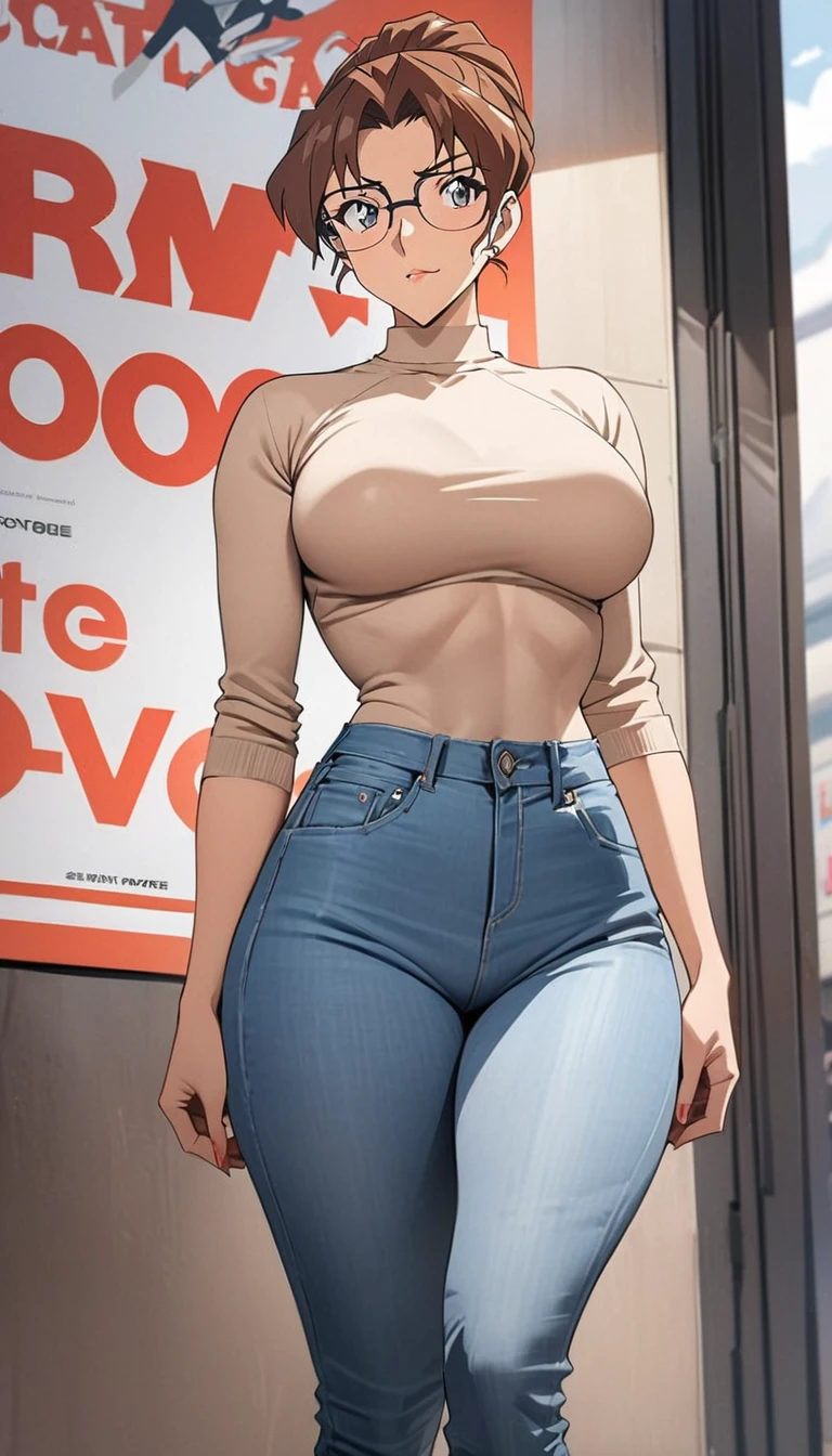 Best quality,masterpiece,brown hair,denim hot pants,Big ,Perfect body,full-body shot,Cool poster,Wearing glasses,36 mature beauties,Single player anime style