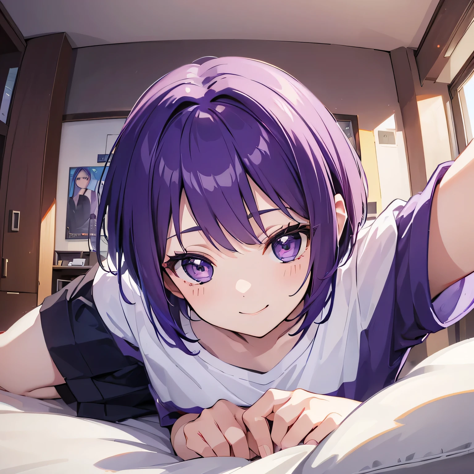(T Masterpiece,4K wallpaper,Best Quality))、((girl1people))、(solo)、Bright and Brilliant,(Purple Hair)、(short hair:1.3)、smile、Bedroom、T-Shirtorning
