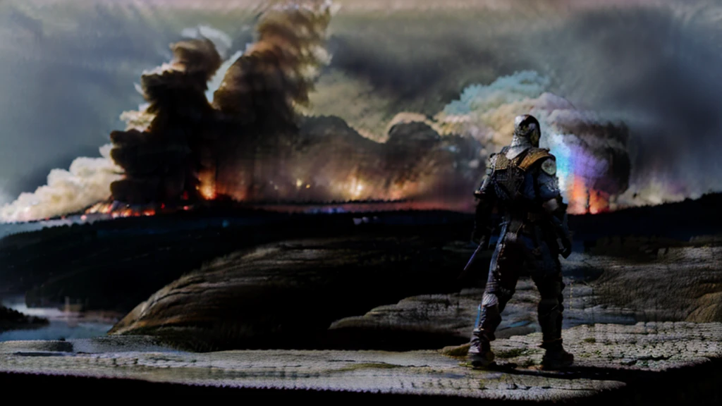 hdr, best 24k image, with shining armor a templar soldier, with a red hood, in front of a destroyed city, ruins fire, smoke, clear day