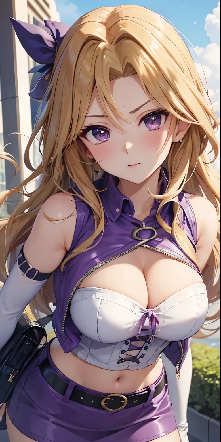 1 Female,High definition,high resolution,Ultra-realistic,8K, kujaku mai, blonde hair, purple eyes, breasts, blush, purple skirt,tight skirt, miniskirt, long hair, large breasts, elbow gloves, white gloves, navel, cleavage, detached sleeves, midriff, belt, vest, crop top, bustier,European,sexy,Upper body close-up,Photographed from the front,Dynamic Angles,blush, (medium tits), multicolored hair , Park,sky, eclipse 