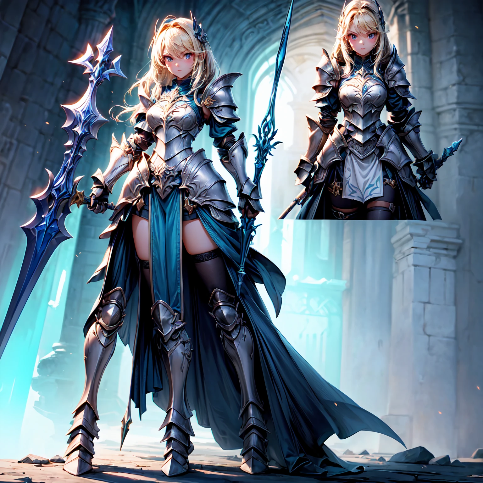 (((masterpiece, best quality, high detailed, 8k))) Design a layout showcase Gaming character, (1girl). Purple+Silver intricate full body armor, stylish and unique. ((showcase weapon:1.4)), magical orb. (masterpiece:1.2), (best quality), 4k, ultra-detailed. (Step by step design, layout art:1.5), (luminous lighting, atmospheric lighting). sorceress, ((glove full hands)), (((revealing clothes:1.3))), vambraces, armored legwear, (((full_body_shot:1.4))). {In an enchanted castle}.