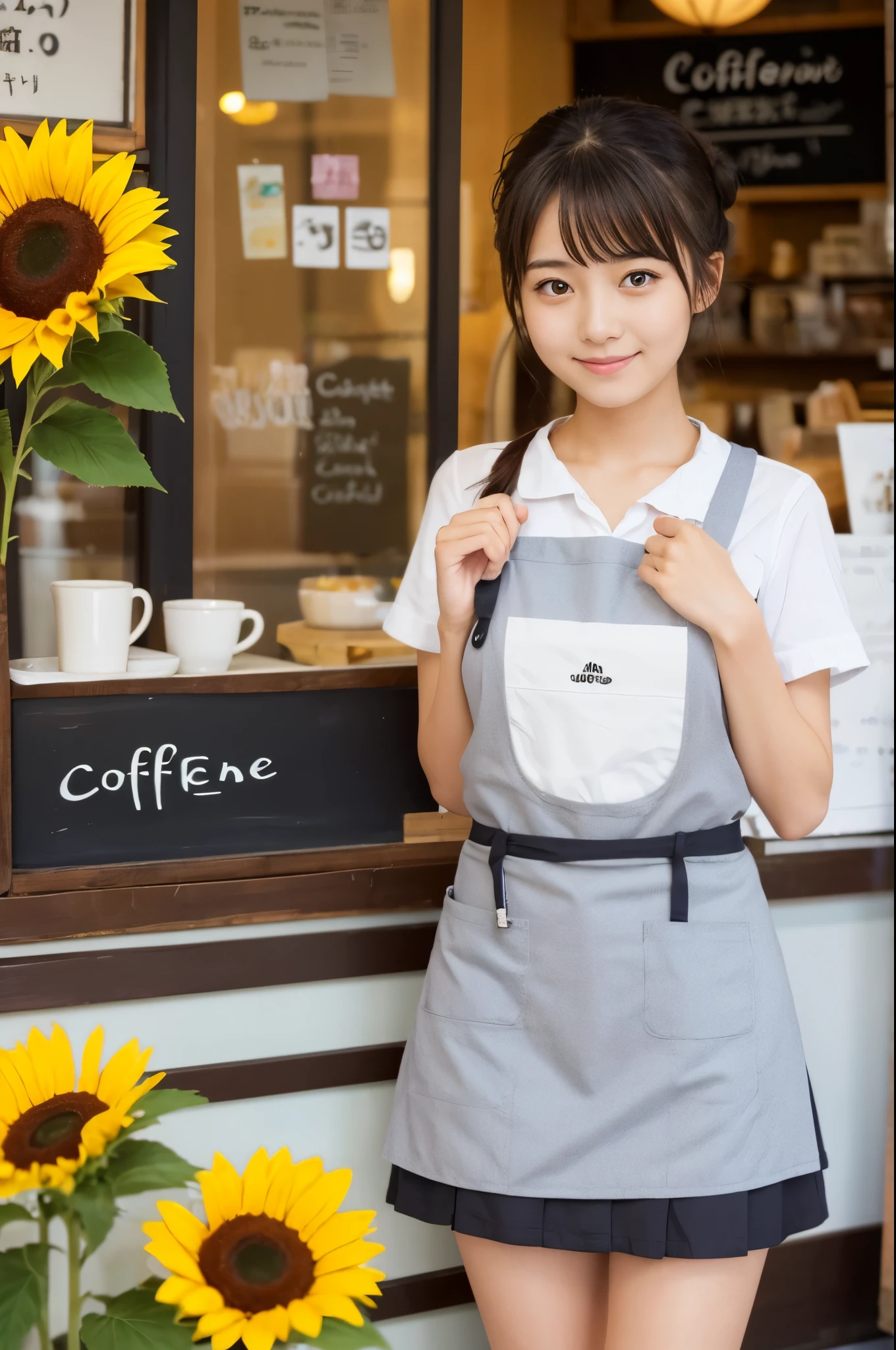 20 years old girl (Japanese cute face) is wearing very short mini skirt and apron and working at the coffee cafe with sunflowers