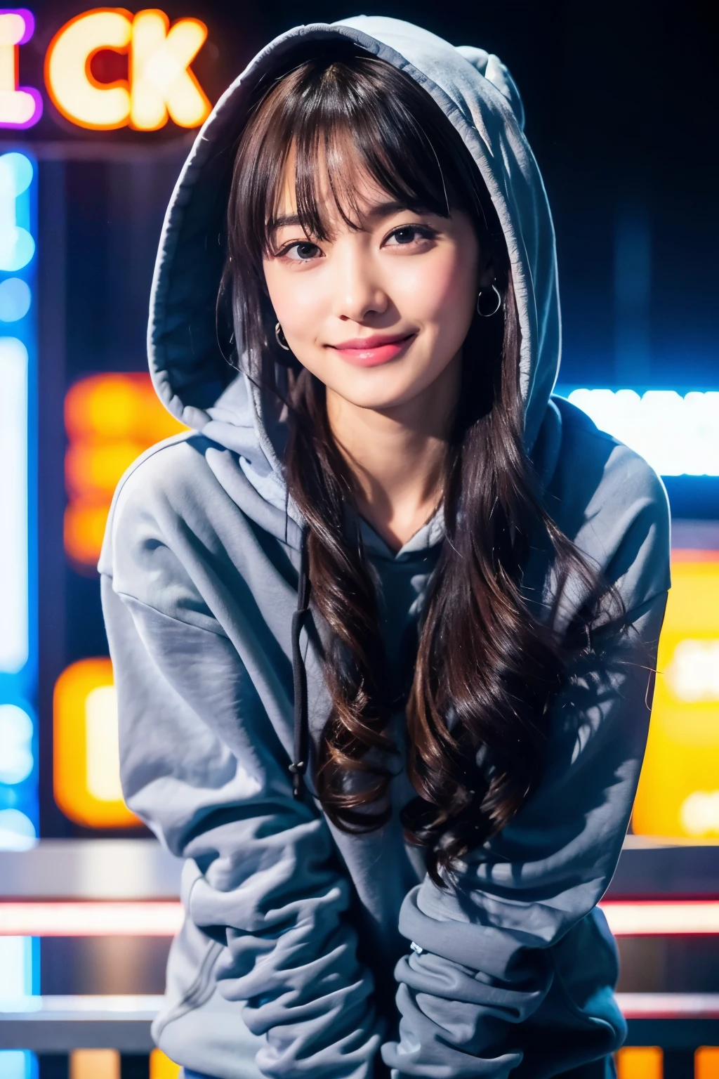 (8k, RAW photo, best quality, masterpiece:1.2), ultra detailed, ultra high res,
(realistic, photo realistic:1.37), portrait, high detail RAW color photo, professional photograph,
an extremely delicate and beautiful, extremely detailed, 8k wallpaper, Amazing, finely detail, huge file size, official art, extremely detailed CG unity 8k wallpaper,
extremely detailed beautiful girl, extremely detailed face, extremely detailed eyes, extremely detailed skin, extremely detailed fingers, extremely detailed nose, extremely detailed mouth, perfect anatomy, highly detailed background, extremely detailed clothing,
1girl, (18 years old:1.2), teenage, cute girl, famous japanese idol, kawaii,
(small breasts:1.2), realistic body, ,
fair skin, shiny skin, slender body, good figure,
black hair, long straight hair, (blunt bangs:1.2),
smile, cute, young, cute face, realistic face,
beautifully detailed eyes, drooping eyes,
(hoodie:1.4), (skirt:1.2), necklace, earrings,
looking at viewer, cowboy shot, face the front, standing posture, contrapposto,
outdoors, (night:1.2), neon city, neon light, neon sign, public, crowd,
dynamic lighting, HDR,