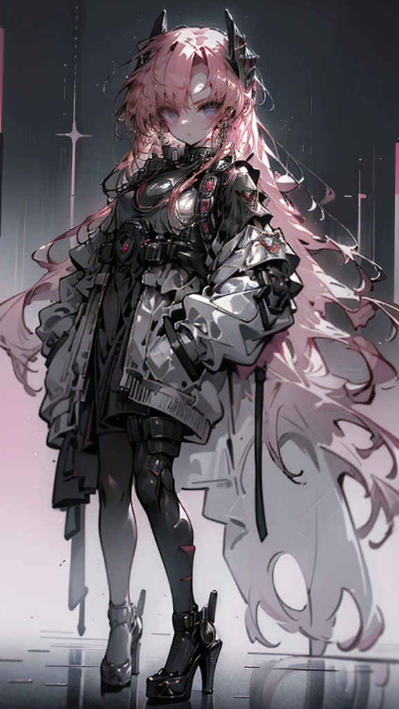 detailed portrait of a beautiful girl with red hair, blue eyes, wearing cyberpunk style clothing with hand in pocket, against a pink background with black high heels, highly detailed, 4k, photorealistic, cinematic lighting